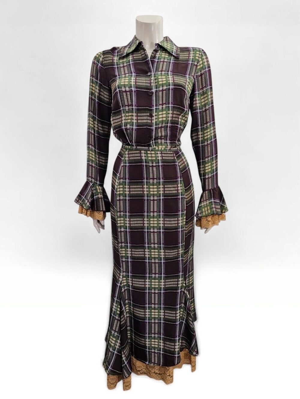 NEWPORT NEWS Vtg Silk Plaid Green Purple Gold Lace 2 Piece Shirt & Maxi Skirt M